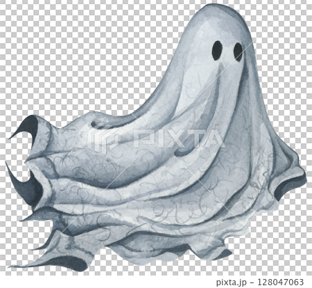 Ghost in Lace Cloth. Cute and Spooky Characters for Halloween Celebration. Watercolor illustration. 128047063