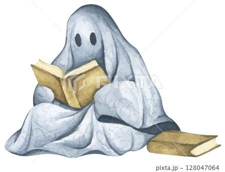 Ghost in Lace Cloth. Cute and Spooky Characters for Halloween Celebration. Watercolor illustration. Ghost in Lace Cloth. Cute and Spooky Characters for Halloween Celebration. Watercolor illustration. 128047064