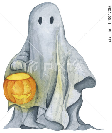 Ghost in Lace Cloth. Cute and Spooky Characters for Halloween Celebration. Watercolor illustration. Ghost in Lace Cloth. Cute and Spooky Characters for Halloween Celebration. Watercolor illustration. 128047066