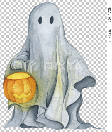 Ghost in Lace Cloth. Cute and Spooky Characters for Halloween Celebration. Watercolor illustration. Ghost in Lace Cloth. Cute and Spooky Characters for Halloween Celebration. Watercolor illustration. 128047066