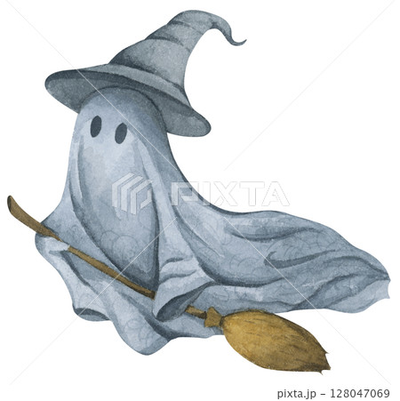 Ghost in Lace Cloth. Cute and Spooky Characters for Halloween Celebration. Watercolor illustration. Ghost in Lace Cloth. Cute and Spooky Characters for Halloween Celebration. Watercolor illustration. 128047069