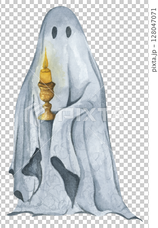 Ghost in Lace Cloth. Cute and Spooky Characters for Halloween Celebration. Watercolor illustration. 128047071
