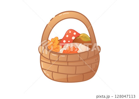 Autumn harvest basket filled with mushrooms and leaves 128047113