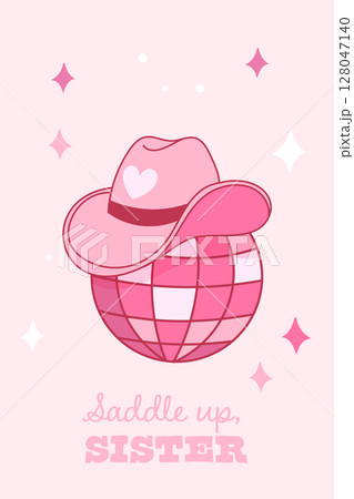 Disco ball with cowgirl hat and slogan Disco ball with cowgirl hat and slogan 128047140