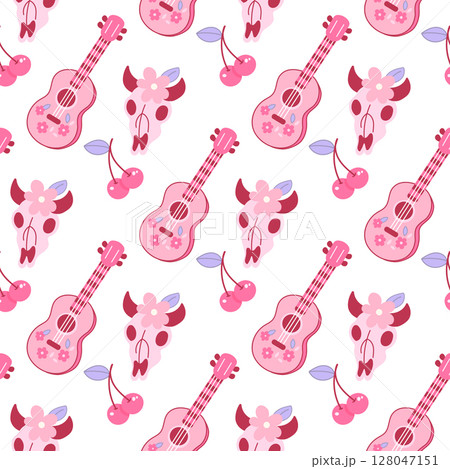 Seamless pattern with skulls, guitars, cherries 128047151