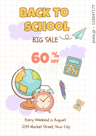Back to school sale poster with supplies and globe 128047177