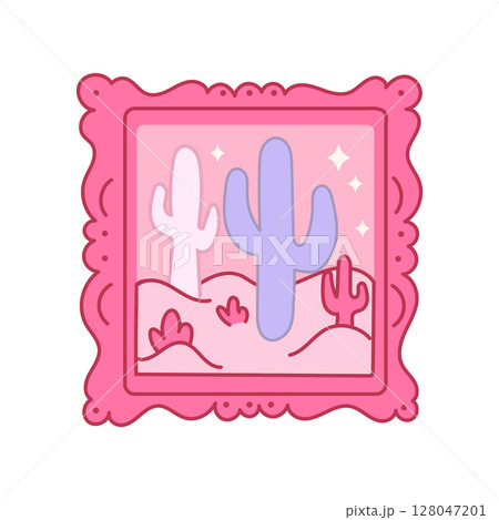 Pink desert cactus framed illustration in cartoon style Pink desert cactus framed illustration in cartoon style 128047201