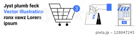 Shopping cart with number three, hand holding shopping bags with tag, storefront with blue awning. Ideal for e-commerce, online shopping, retail, store promotions, digital marketing, user interfaces 128047245
