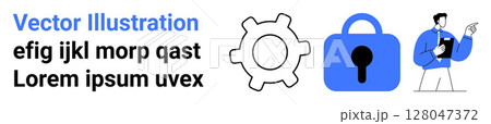 Gear, padlock symbol, and a figure holding documents. Ideal for business strategies, staff management, data security, IT services, corporate training, onboarding, and digital privacy. Banner 128047372