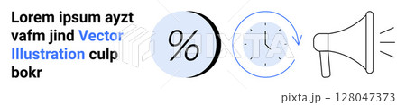 Percentage symbol, clock with arrow, megaphone and text in black and blue. Ideal for advertising, marketing, promotion, business presentations, sales strategies, time management, financial reports 128047373