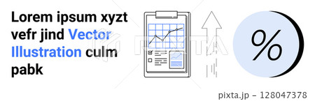 Business growth chart on clipboard, upward arrow, and percentage symbol. Ideal for finance, business analytics, marketing, performance tracking, economic reports, investment strategies, data 128047378