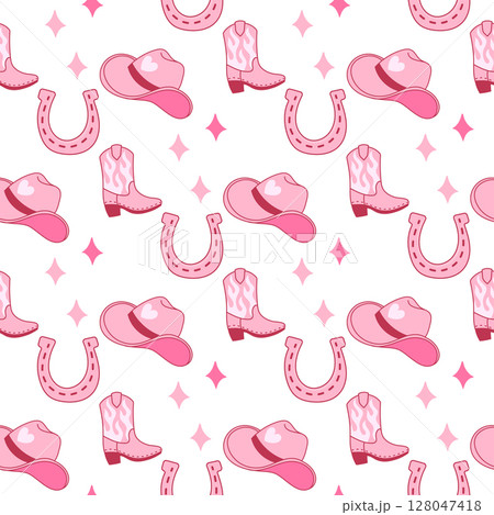 Pink Cowgirl Pattern with Hats, Boots, and Horseshoes 128047418