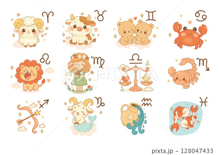 Zodiac signs illustration set, twelve cute cartoon icons 128047433