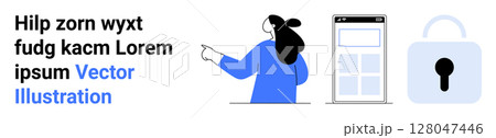 Woman pointing at mobile interface, random text snippet, and lock symbol illustrating security and data access. Ideal for cybersecurity, app development, data protection, online services, digital 128047446
