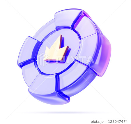 3d glass holographic casino chip with gold crown icon render. Neon poker game chip, vip gambling token, purple gradient coin for roulette or blackjack. Online bet app design element. 3D illustration 128047474