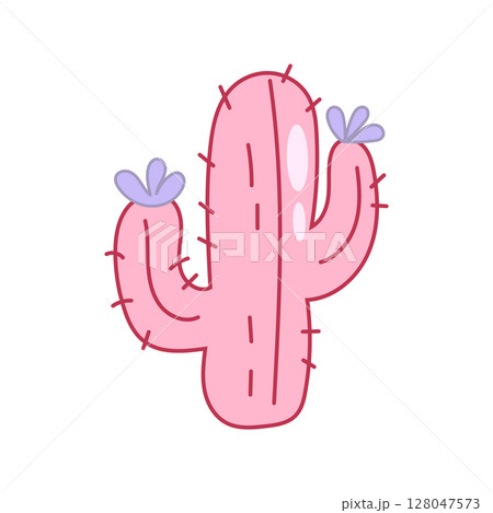Pink Cactus Illustration with Cute Purple Flowers for Digital Stickers 128047573
