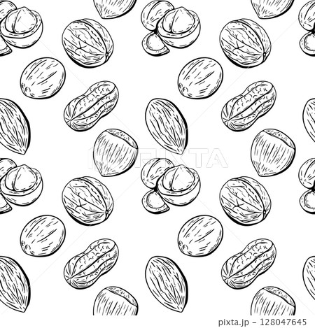 Mixed nuts seamless pattern in hand-drawn line art Mixed nuts seamless pattern in hand-drawn line art 128047645