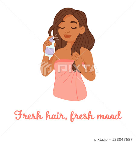 Fresh hair fresh mood quote with woman spraying hair mist Fresh hair fresh mood quote with woman spraying hair mist 128047687
