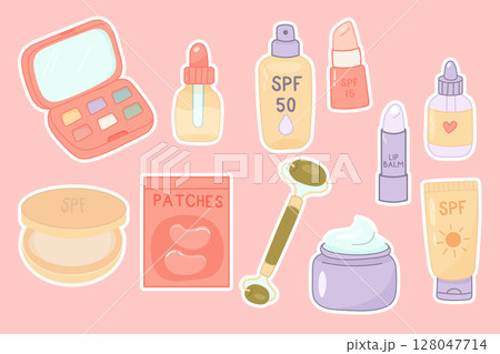 Skincare and makeup product icons on pink background Skincare and makeup product icons on pink background 128047714