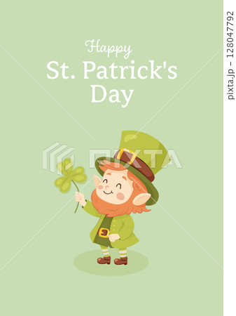 St. patricks day. A postcard of a cute leprechaun with clover 128047792