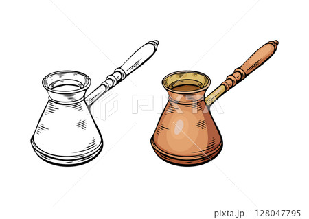 Engraving, coffee turk, vector illustration in color and line sketch 128047795