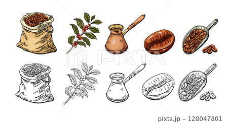 Engraving, coffee sketch, vector illustration in color and line. Coffee bag, beans, branch, coffee turk 128047801