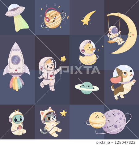 Seamless space pattern, cute space baby pattern. Astronaut cat, dog, rocket 128047822