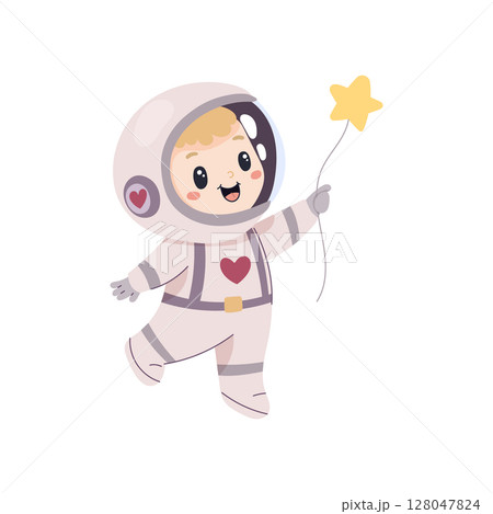 Space illustration. Cute astronaut in spacesuit holding a star. Vector simple illustration 128047824