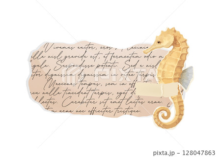 Seahorse with vintage torn paper and handwritten text background 128047863