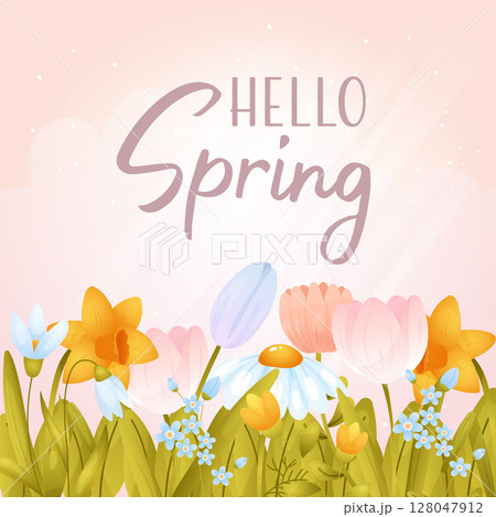 Colorful spring flowers bloom in a cheerful design celebrating the arrival of spring with vibrant hues , hello spring Colorful spring flowers bloom in a cheerful design celebrating the arrival of spring with vibrant hues , hello spring 128047912