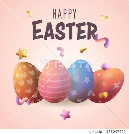 3d cartoon multicolored cute easter voluminous eggs, happy easter 128047921