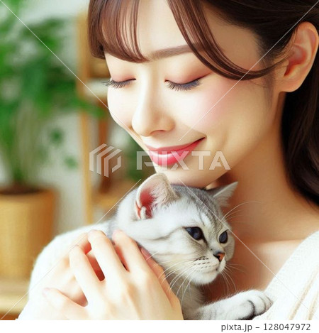 猫を抱く若い女性 128047972