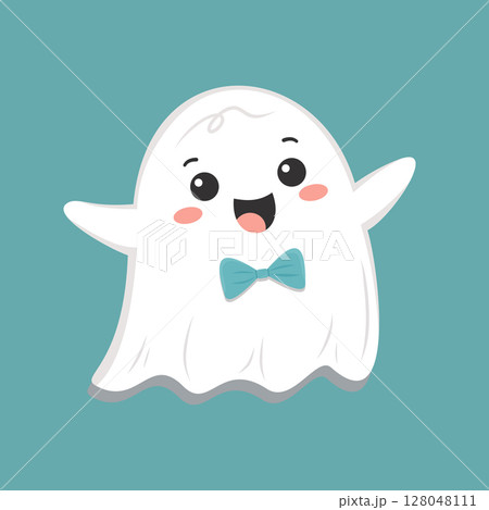 Happy ghost character with a blue bow tie, simple flat style, teal background. Fun and friendly Halloween concept for children 128048111