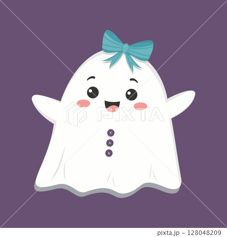 Adorable ghost with a teal bow and smile, shown on a purple background, fun Halloween character for kids Adorable ghost with a teal bow and smile, shown on a purple background, fun Halloween character for kids 128048209
