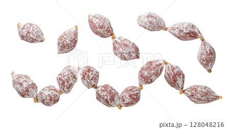 Set of mini sausages isolated on a white. Top view Set of mini sausages isolated on a white. Top view 128048216