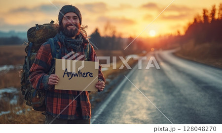 A happy hiker with a backpack holds a sign saying 'Anywhere,' signifying his journey and freedom on an open road at sunset 128048270