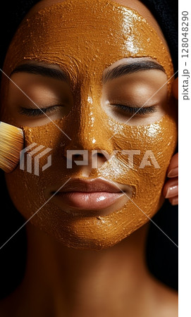 A woman with a luxurious golden face mask applied by a beautician, enjoying a relaxing spa treatment 128048290