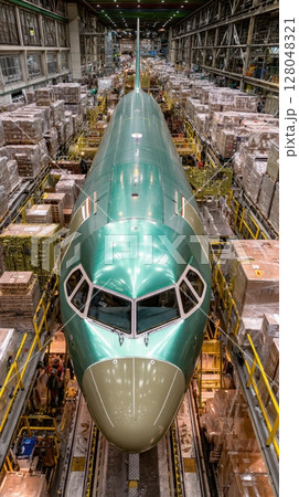 Aerial perspective of an airplane fuselage in a large factory setting, focusing on aviation production and manufacturing inside the industrial building 128048321