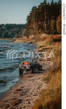A four-wheeled fishing rig parked on the sandy beach, featuring multiple fishing rods, suggests a blend of recreational activity and serene lakeside scenery 128048323