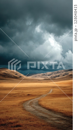 A dirt road cuts through a golden field under a dramatic sky, evoking themes of travel, landscape, and nature with its moody atmosphere and boundless horizon A dirt road cuts through a golden field under a dramatic sky, evoking themes of travel, landscape, and nature with its moody atmosphere and boundless horizon 128048415