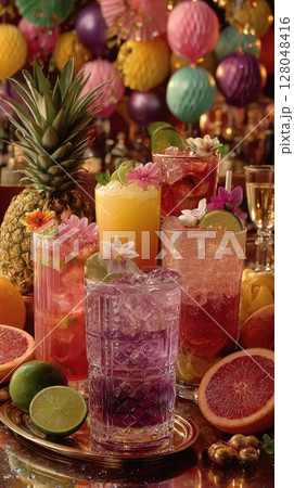 Colorful cocktails with flowers and citrus fruits are garnished and served on a platter. These drinks would be perfect for a party, or summer celebration Colorful cocktails with flowers and citrus fruits are garnished and served on a platter. These drinks would be perfect for a party, or summer celebration 128048416