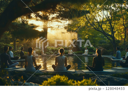 Group yoga session by a serene lake at golden hour, with sunlight filtering through trees creating a magical atmosphere 128048433