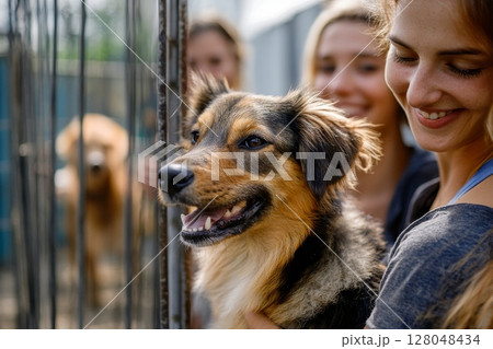 Smiling women interacting with a joyful dog in a shelter, showcasing the positive impact of animal care volunteers 128048434