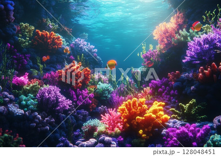 Vibrant underwater scene featuring diverse coral species and tropical fish in crystal clear waters 128048451