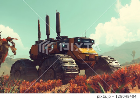A large, yellow exploration vehicle with massive wheels traversing an alien landscape filled with exotic red plants, against a teal sky with distant mountains 128048484