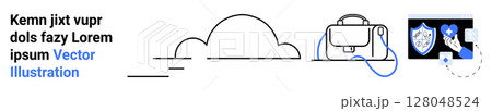 Black and white cloud outline, office briefcase, shield with check mark, and hand holding globe with key icons. Ideal for cloud storage, cyber security, mobile apps, travel, technology, business 128048524