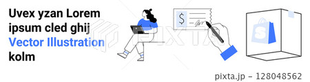 Seated businesswoman using a laptop, hand writing a check, ecommerce package in shipping box. Ideal for ecommerce, finance, remote work, business, digital transactions, shipping, marketing. Landing 128048562