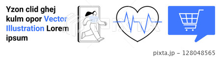 Young woman running out of a smartphone, heartbeat line inside heart, and shopping cart in blue dialogue bubble. Ideal for health, fitness, shopping, online stores, e-commerce, mobile apps, digital Young woman running out of a smartphone, heartbeat line inside heart, and shopping cart in blue dialogue bubble. Ideal for health, fitness, shopping, online stores, e-commerce, mobile apps, digital 128048565