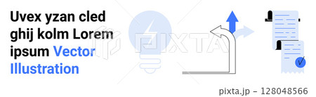 Light bulb symbolizing ideas, arrow depicting growth strategies and directions, documents with checkmark representing documentation and tasks. Ideal for business solutions, innovation, planning 128048566