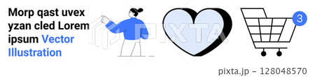 Person pointing right, black heart shape with blue fill, shopping cart with three items. Ideal for e-commerce, online shopping, store, sales, digital marketing, web development, landing page Person pointing right, black heart shape with blue fill, shopping cart with three items. Ideal for e-commerce, online shopping, store, sales, digital marketing, web development, landing page 128048570